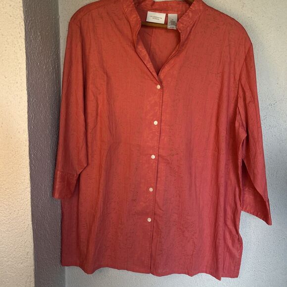 Liz Claiborne Coral And Gold Floral Button Down Blouse With 3/4 Sleeves Size 2X - Picture 2 of 12